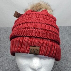 CC Exclusives Knit Beanie Hat One Size Red Cable Knit Faux Fur Pom Cozy Slouchy‎